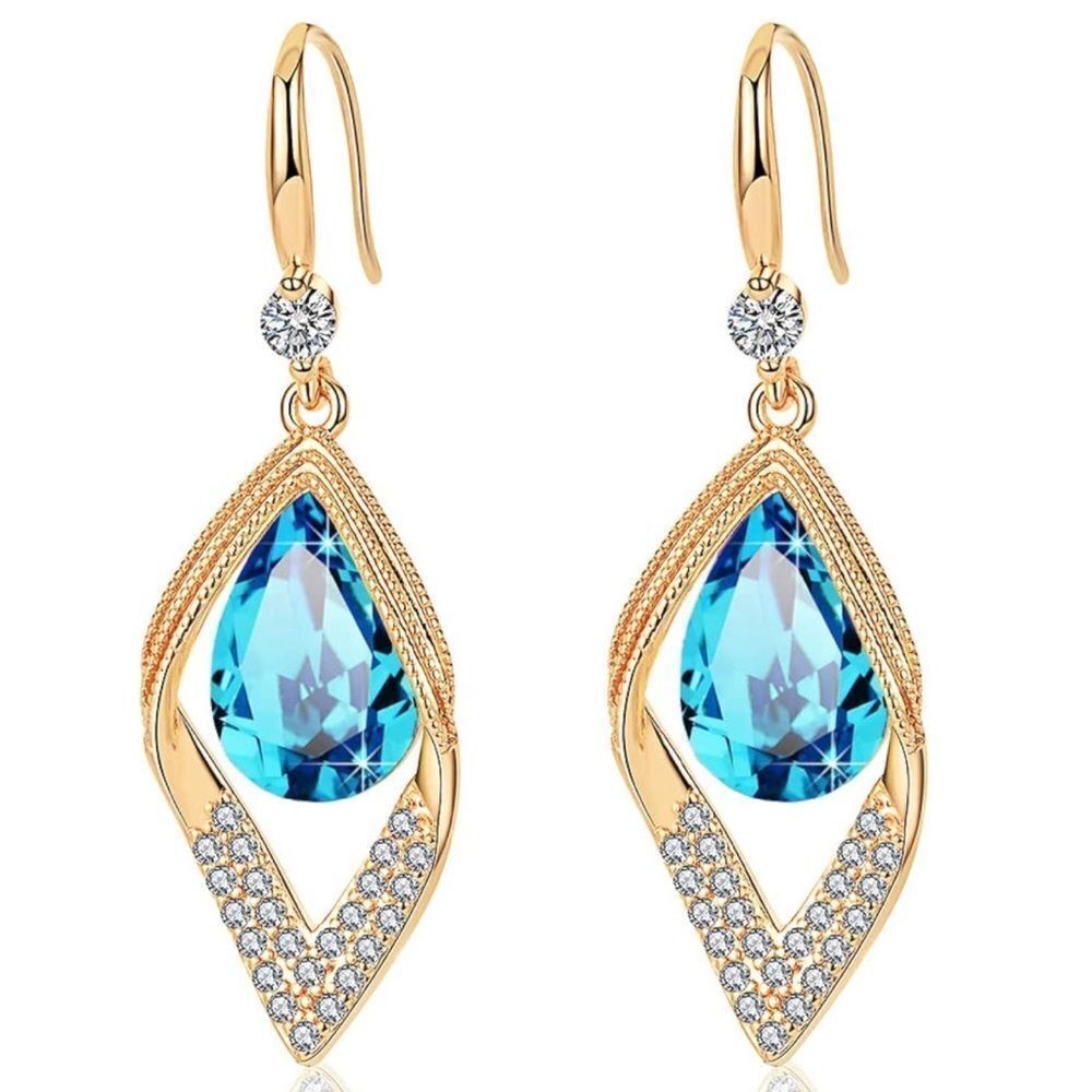 14K Yellow Gold with Bermuda Blue Austrian Crystal Halo Leaf Teardrop Earrings